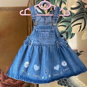 Vintage Denim overall skirtall dress hearts and flowered embroidered 2t